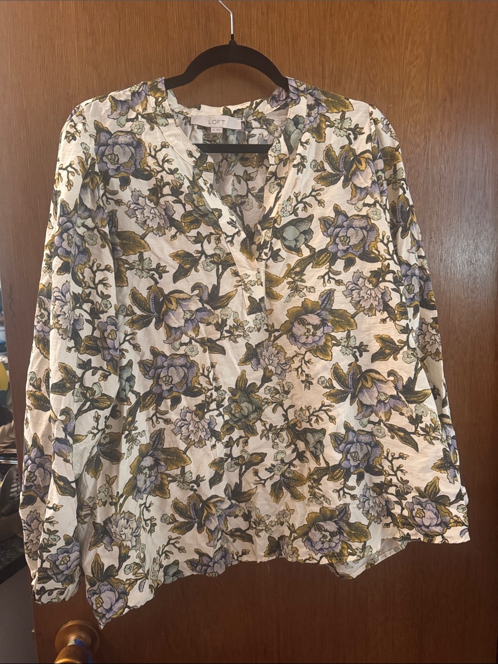 LOFT Cream Floral V-Neck Blouse with Green and Purple Accents